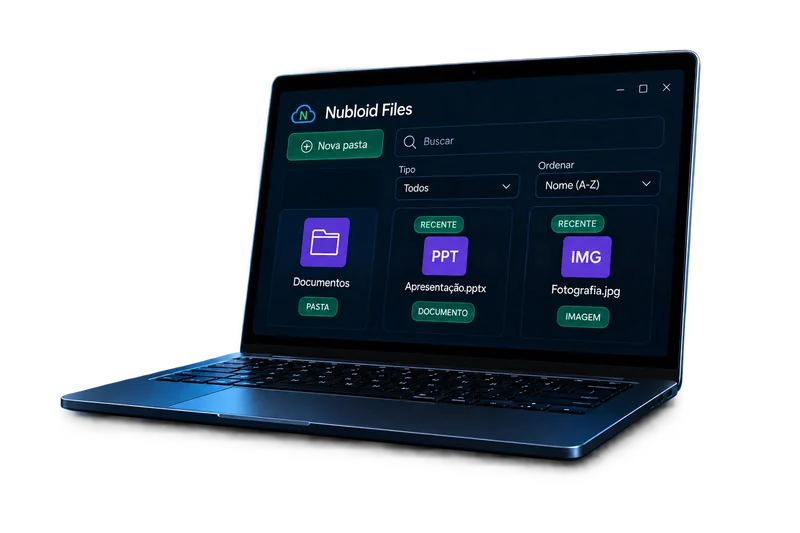 Notebook com o Nubloid Files e cartões de pasta, apresentação e imagem.