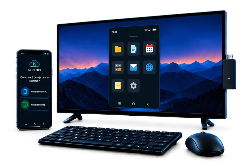 Composição do Pocket PC com celular Android, TV, stick compatível, teclado e mouse.