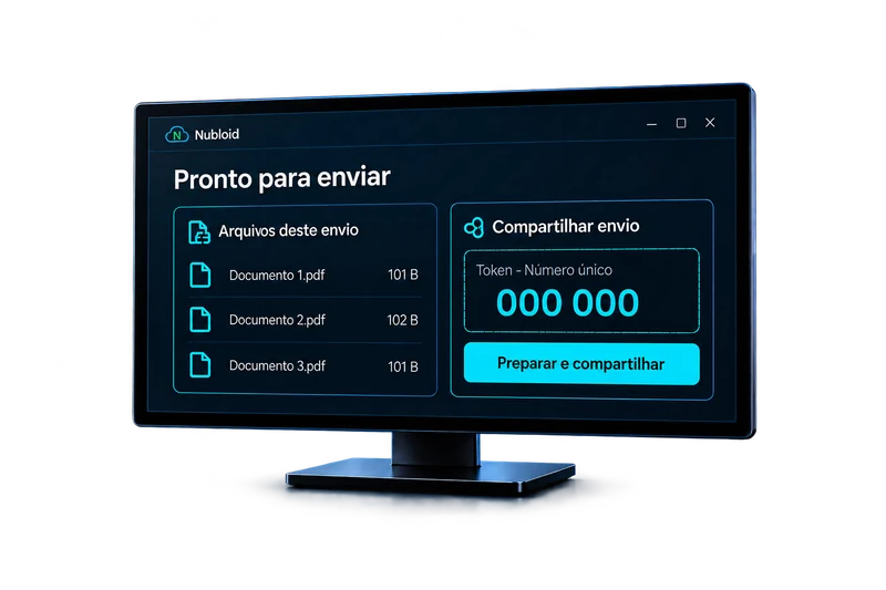 Monitor com o painel de envio de arquivos do Nubloid e um código de convite ilustrativo.